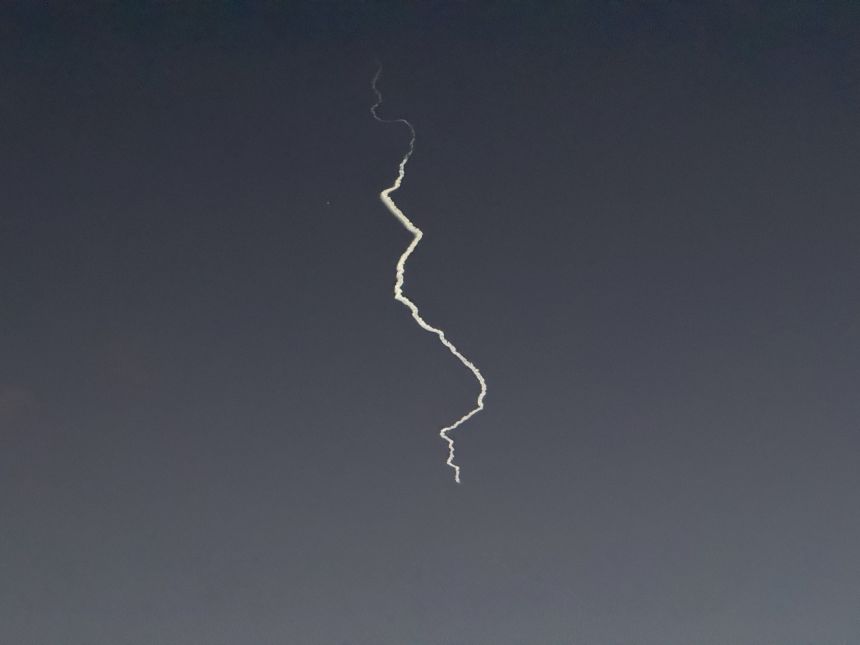 A missile launched by Iran in retaliation for U.S. and Israeli attacks is seen in the skies over Daraa in southern Syria, on March 29, 2026.