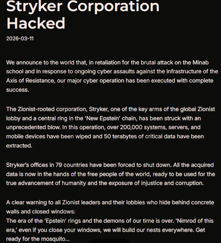 A manifesto posted by the Iran-backed hacktivist group Handala, claiming a mass data-wiping attack against medical technology maker Stryker.
