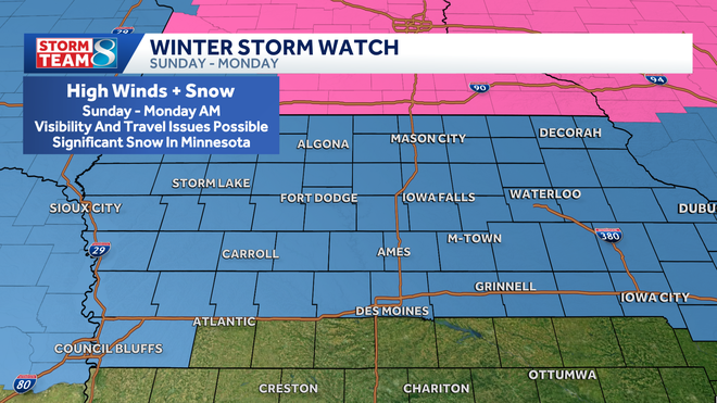 winter storm watch sunday afternoon through monday morning.