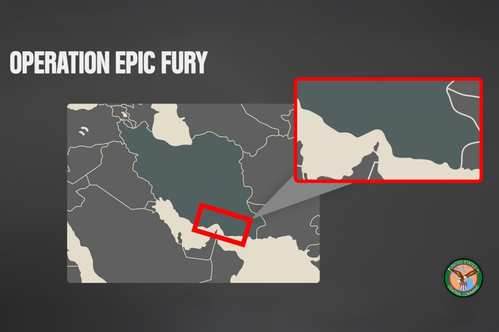 Illustration of a map showing missile sites near the Strait of Hormuz during "Operation Epic Fury."