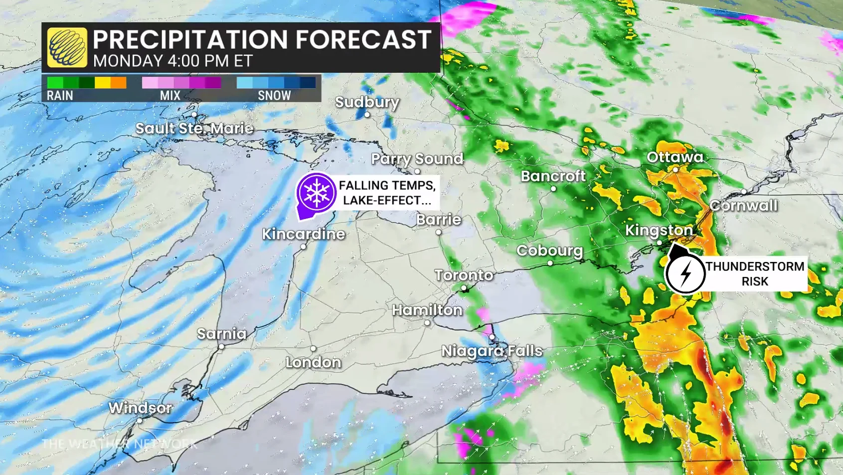 Ontario precipitation timing Monday afternoon