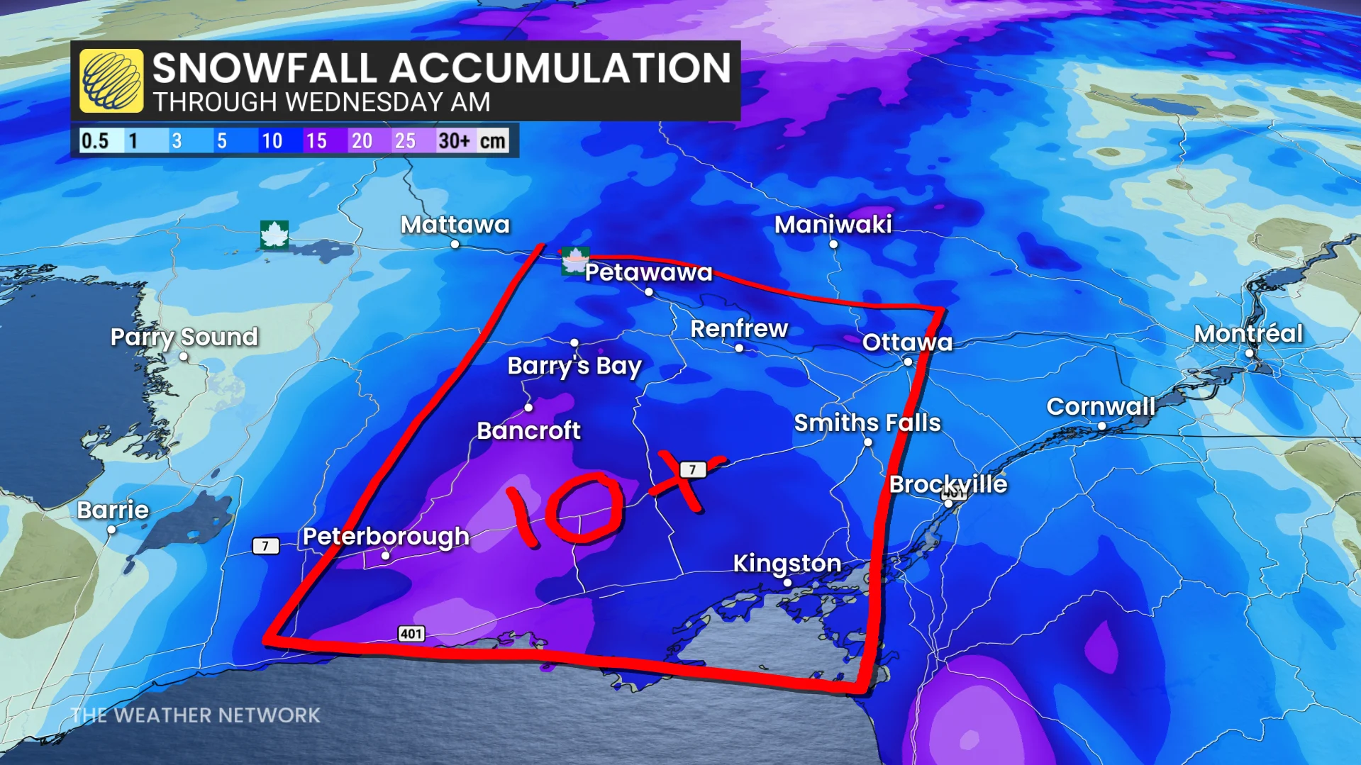 Eastern/central Ontario snowfall crop through Wednesday