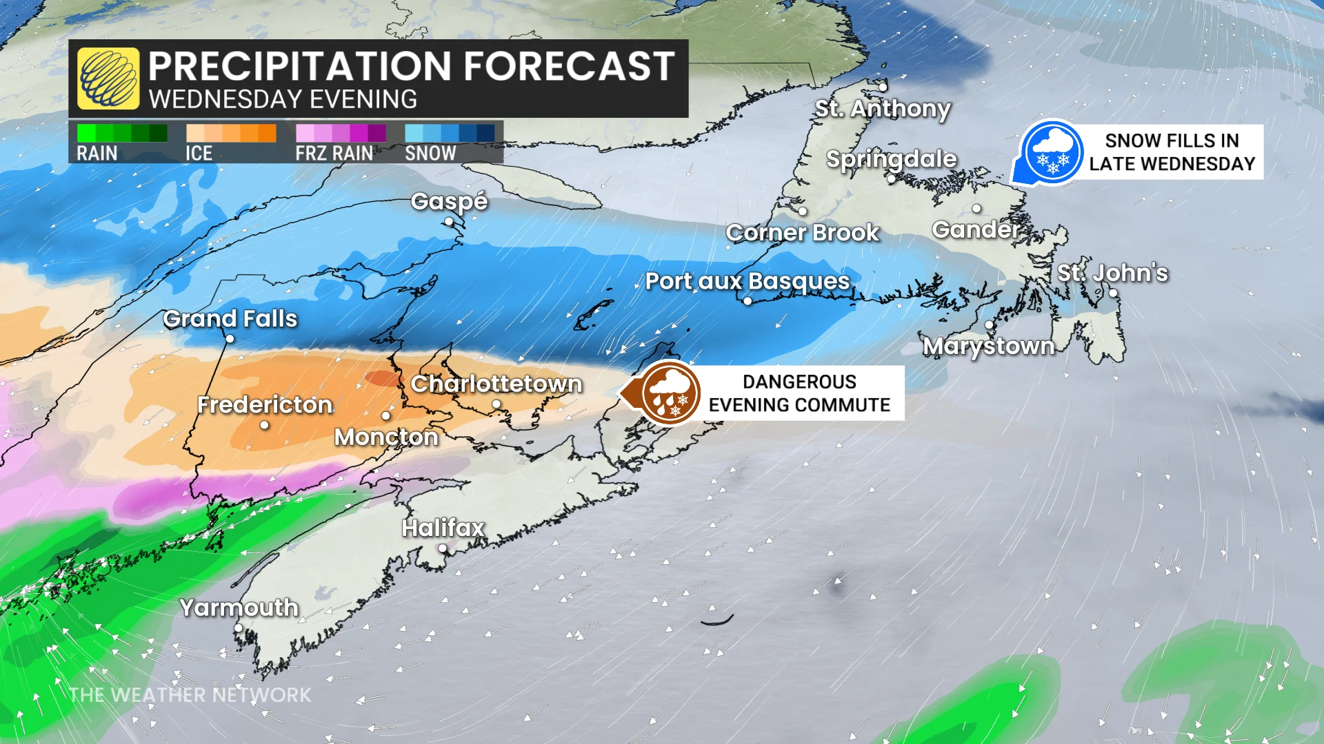 Atlantic Canada precipitation forecast Wednesday evening