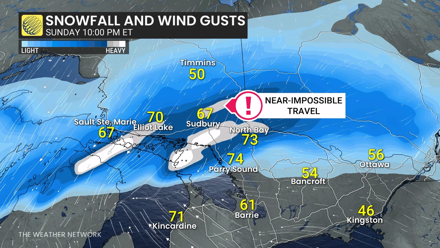 Northern Ontario snowfall and wind gusts Sunday night