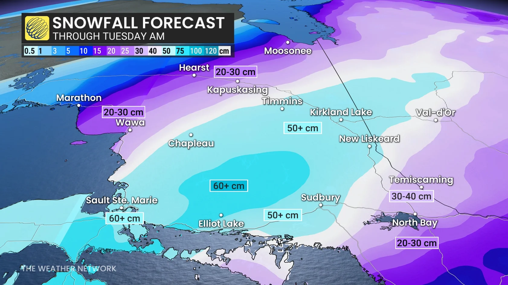 Northern Ontario snowfall accumulation through Tuesday morning