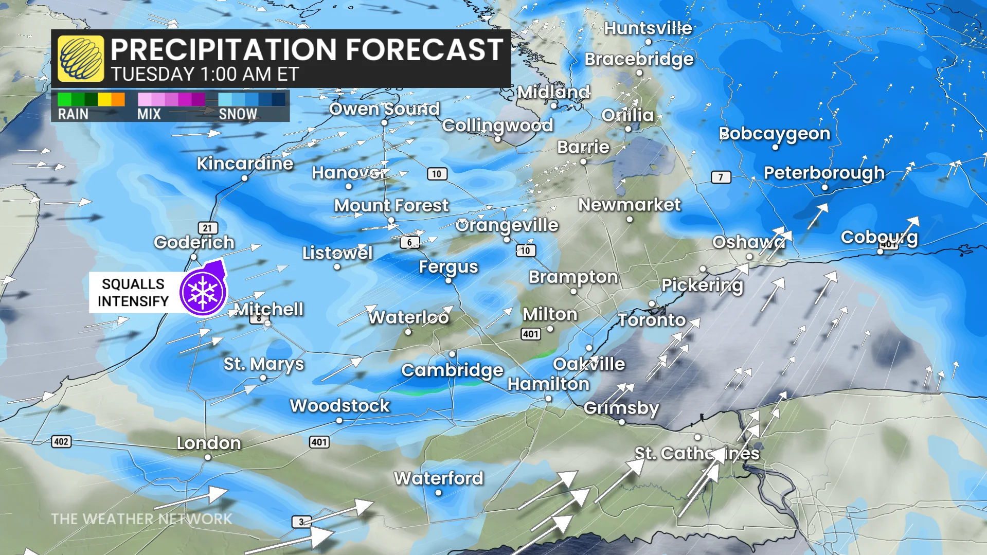 Ontario precipitation timing early Tuesday morning