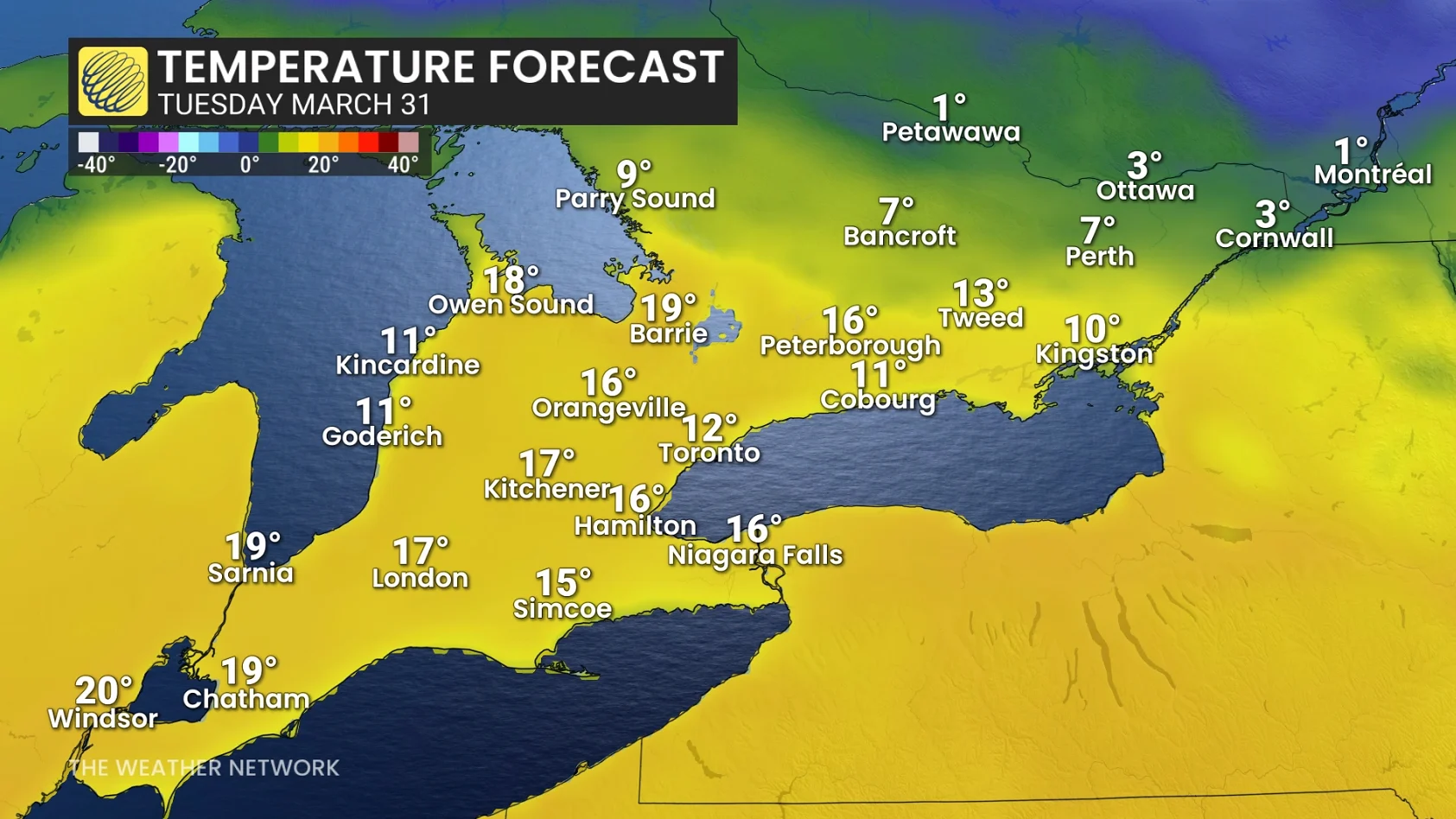 Ontario temperatures and icons Tuesday