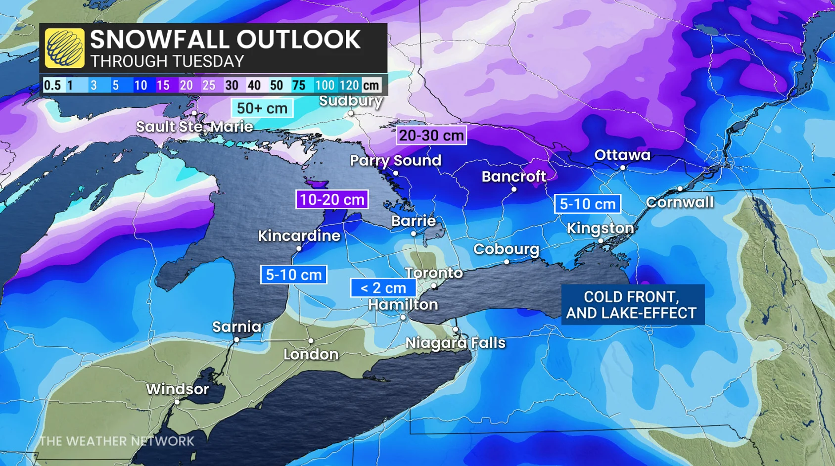 Ontario snowfall map through Tuesday