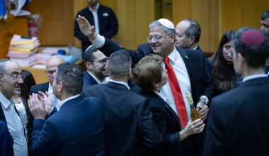 National Security Minister Itamar Ben-Gvir celebrates after a vote on the death penalty for terrorists who murder Israeli civilians prevailed in the Knesset, the Israeli parliament in Jerusalem, March 30, 2026. (Chaim Goldberg/Flash90)