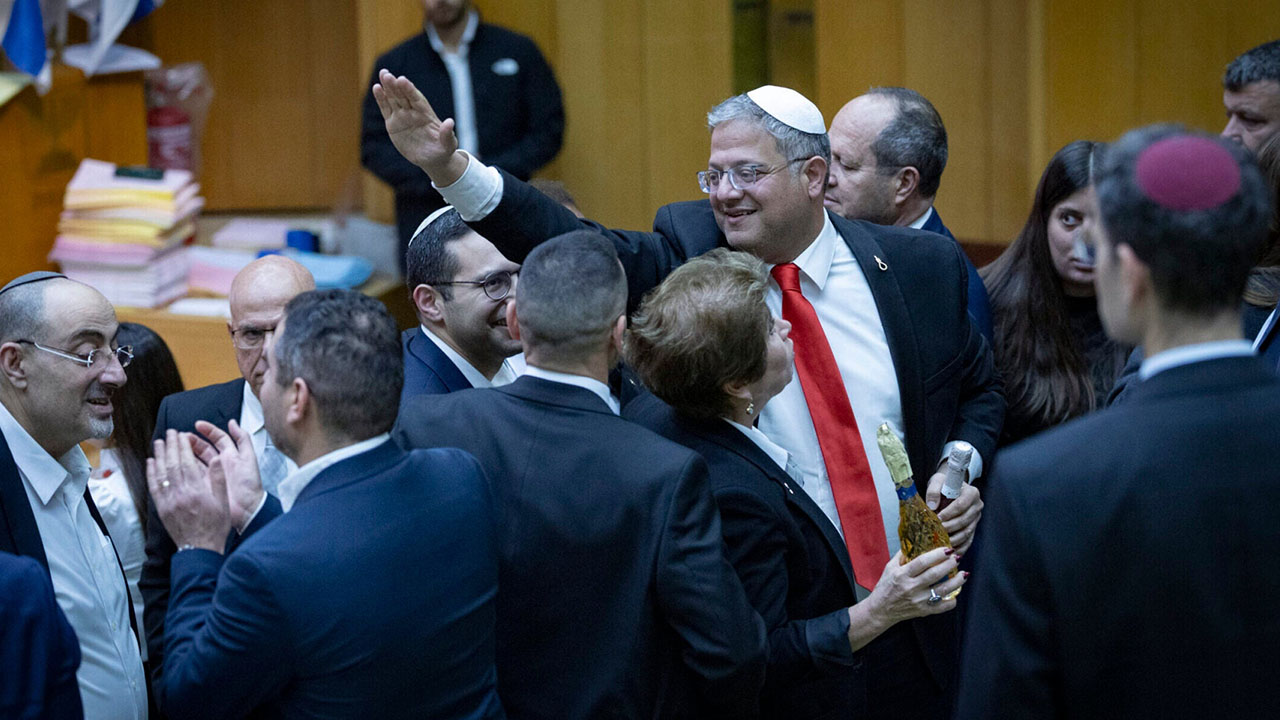 National Security Minister Itamar Ben-Gvir celebrates after a vote on the death penalty for terrorists who murder Israeli civilians prevailed in the Knesset, the Israeli parliament in Jerusalem, March 30, 2026. (Chaim Goldberg/Flash90)