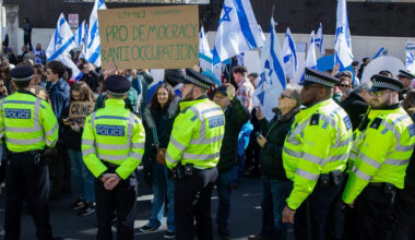 Hundreds of British and Israeli Jews protest against the policies of the Israeli government of Benjamin Netanyahu in London, March 24, 2023. (Mark Kerrison/In Pictures via Getty Images)
