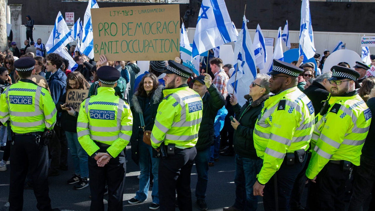 Hundreds of British and Israeli Jews protest against the policies of the Israeli government of Benjamin Netanyahu in London, March 24, 2023. (Mark Kerrison/In Pictures via Getty Images)