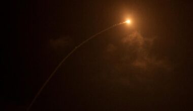 Rocket trails are seen amid a fresh barrage of Iranian missile attacks in the sky above the Israeli center coastal city of Netanya, on March 15, 2026. (AFP Photo)