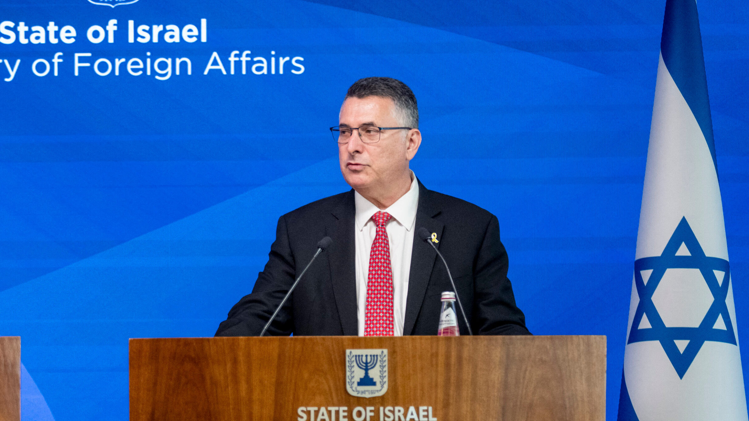 Israeli Foreign Minister Gideon Sa'ar attends a press conference in Jerusalem on Sept. 7, 2025.