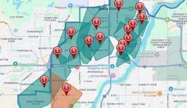 A map of Saskatoon with pins and coloured areas showing where a power outage affected Saskatoon customers.