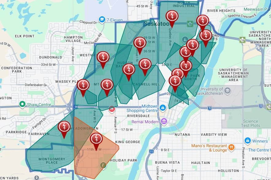 A map of Saskatoon with pins and coloured areas showing where a power outage affected Saskatoon customers.