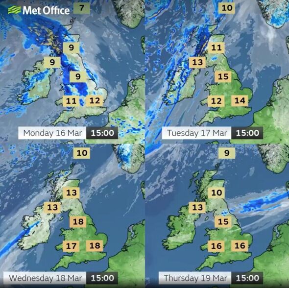 Met Office weather maps showing UK temperatures rising through the week, with the warmest conditions in England and Wales by Wednesday Met Office weather maps showing UK temperatures rising through the week, with the warmest conditions in England and Wales by Wednesday