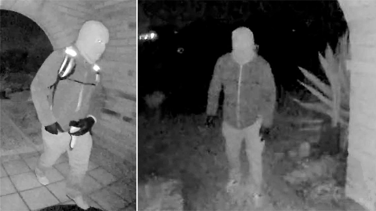 Two images of the Nancy Guthrie suspect on her porch.