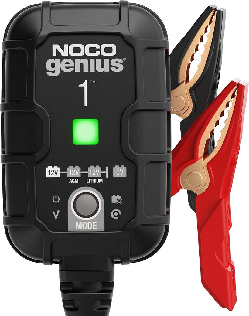 NOCO Genius 1 with some crocodile clips on a white background