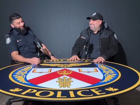 Toronto Police Constables Farhan Ali, left, and Haroon Siddiqui appearing on a now-deleted episode of the TPS-produced podcast