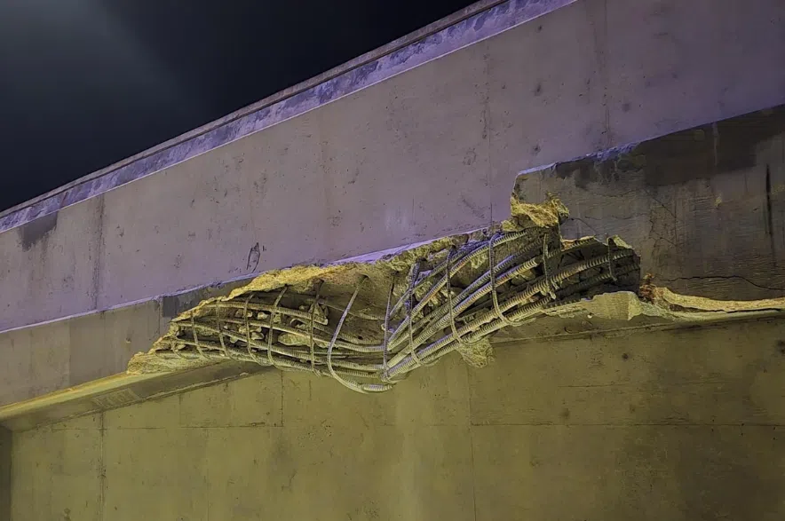 Damage to the Highway 11/16 overpass shown in this photo taken on March 5, 2026.