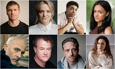 A grid of headshots of Tom Weston-Jones, Laura Aikman, Levi Brown, Amy Leigh Hickman, Mark Bonnar, Owen Teale, Perry Fitzpatrick and Christina Chong