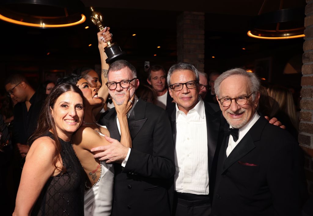 Pam Abdy, Teyana Taylor, Paul Thomas Anderson, Michael De Luca and Steven Spielberg attend the Warner Bros. Pictures Post-Oscar Celebration hosted by Pam Abdy and Mike De Luca at Craigs in West Hollywood.