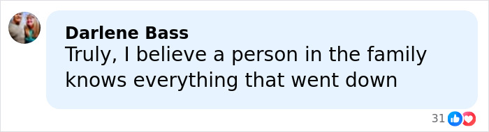 Comment from Darlene Bass expressing belief that a family member knows details about Savannah Guthrie's mom kidnapping case.