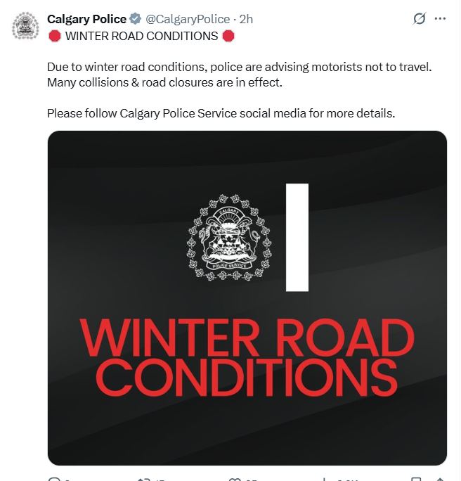 The heavy snowfall also prompted Calgary police to take to social media to advise motorists to stay off the roads.