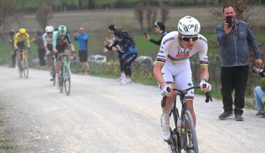 SIENA, ITALY - MARCH 07: Tadej Pogacar of Slovenia and UAE Team Emirates - XRG competes during the 20th Strade Bianche 2026 a 203km one day race from Siena to Siena / #UCIWT / on March 07, 2026 in Siena, Italy. (Photo by Tim de Waele/Getty Images)