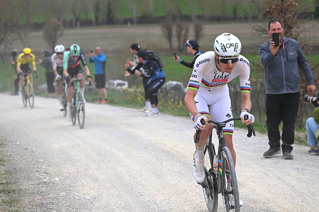 SIENA, ITALY - MARCH 07: Tadej Pogacar of Slovenia and UAE Team Emirates - XRG competes during the 20th Strade Bianche 2026 a 203km one day race from Siena to Siena / #UCIWT / on March 07, 2026 in Siena, Italy. (Photo by Tim de Waele/Getty Images)