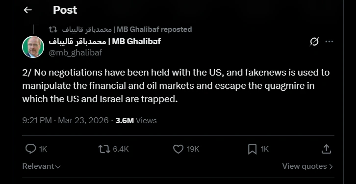 Screenshot from X post by @mb_ghalibaf Screenshot from X post by @mb_ghalibaf