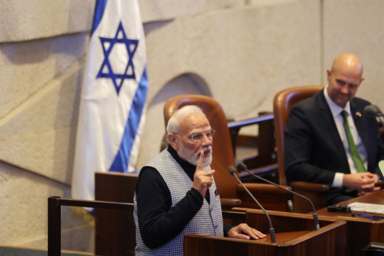 India's Prime Minister Narendra Modi addresses a special session of the Knesset, Israel's parliament, in Jerusalem, February 25, 2026. REUTERS/Ronen Zvulun