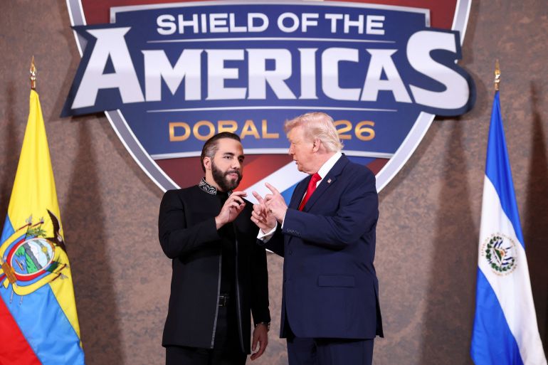 U.S. President Donald Trump meets with El Salvador's President Nayib Bukele as they attend the "Shield of the Americas" Summit in Miami, Florida, U.S., March 7, 2026. REUTERS/Kevin Lamarque