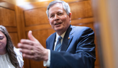 Sen. Steve Daines, R-Mont., is seen in the Capitol during a series of votes on April 3, 2025.