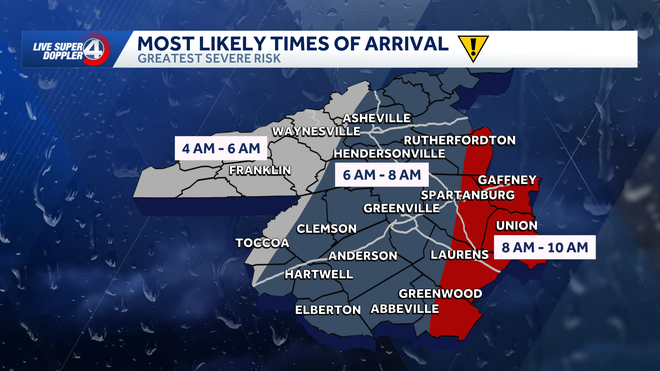 Severe storm arrival times This map shows the most likely times of arrival for severe storms the Greenville-Spartanburg,-Anderson-Asheville viewing area on Monday, March 16, 2026.