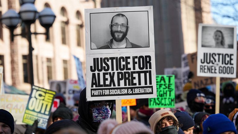 Demonstrators in Minneapolis, Minnesota, protest after the fatal shootings of Renee Nicole Good and Alex Pretti. Pic: Reuters