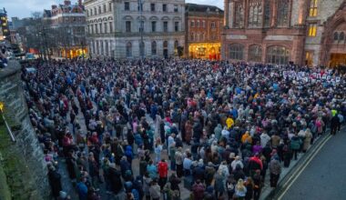 Thousands attend the vigil for Amy Doherty at the Guildhall in Londonderry. Pic: PA