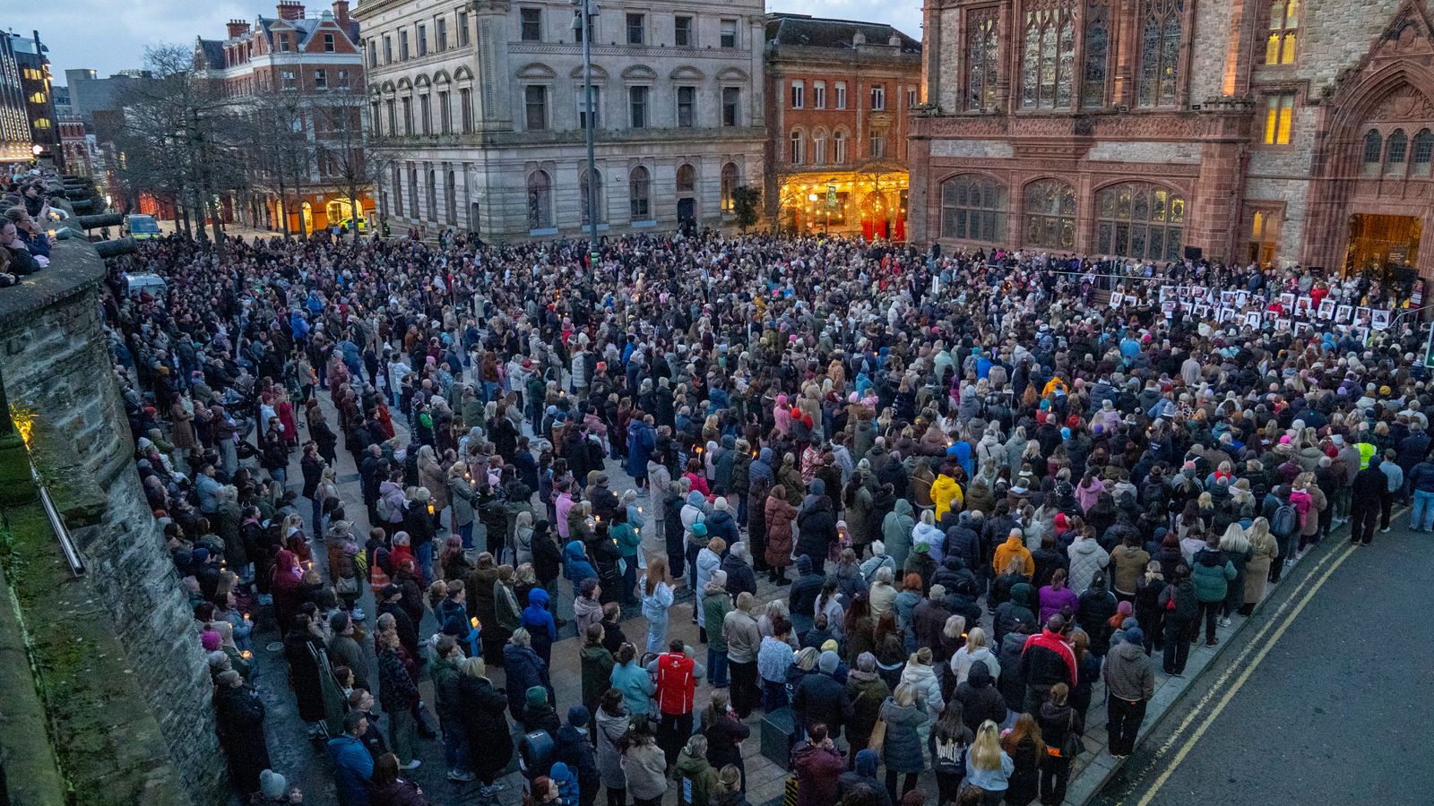 Thousands attend the vigil for Amy Doherty at the Guildhall in Londonderry. Pic: PA