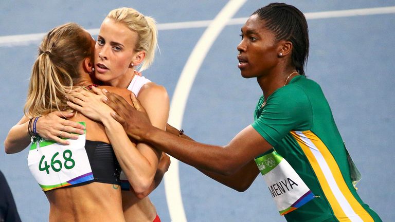 Gold medallist Caster Semenya (R), with Lynsey Sharp and Melissa Bishop at the women's 800m final at the 2016 Rio Olympics. Pic: Reuters
