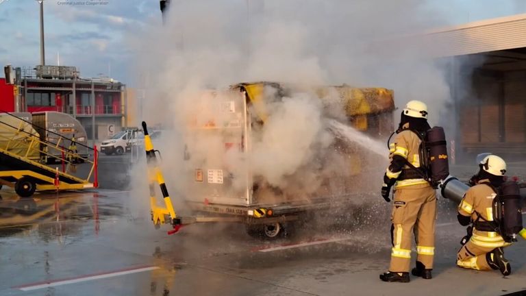 A self-igniting parcel at Leipzig airport. Pic: @Eurojust