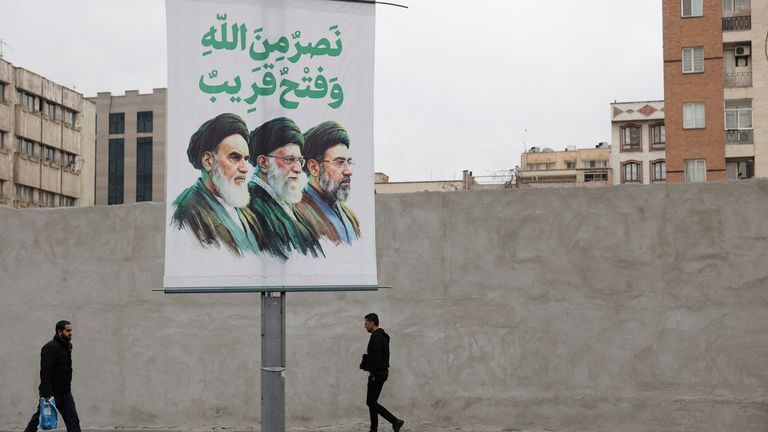 A banner depicts Iran's new supreme leader Mojtaba Khamenei, alongside his predecessors. Pic: Reuters