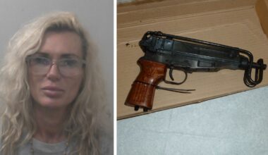 Kasha Sanderson, left, and one of the weapons from her stash. Pic: NCA