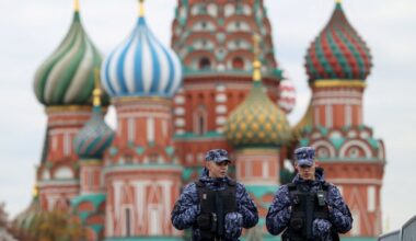 Members of Russia's National Guard patrol the Red Square in Moscow. Pic: Stock/Reuters