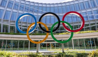 Olympic rings outside the IOC headquarters in Lausanne, Switzerland. Pic: Reuters