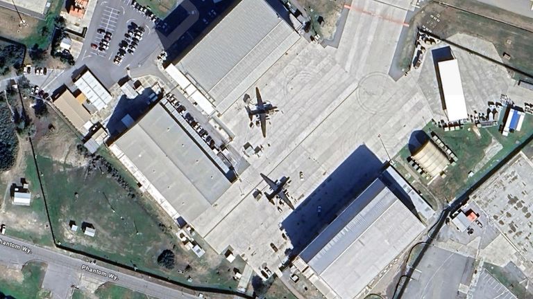 The two US U2 spy planes seen on Google Maps satellite view sitting on the tarmac next to hangars at RAF Akrotiri. Pic: Google Maps