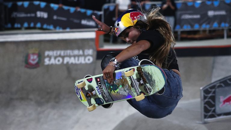 Sky Brown performing a trick during the competition. Pic: AP