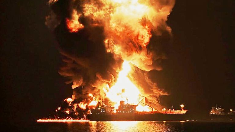 An oil tanker on fire near Basra, Iraq, this week. Pic: AP
