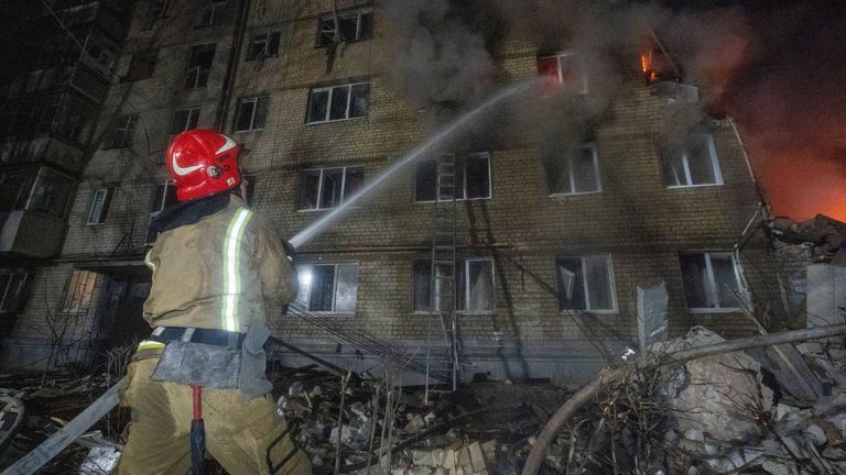 The apartment building in Kharkiv. Pic: AP