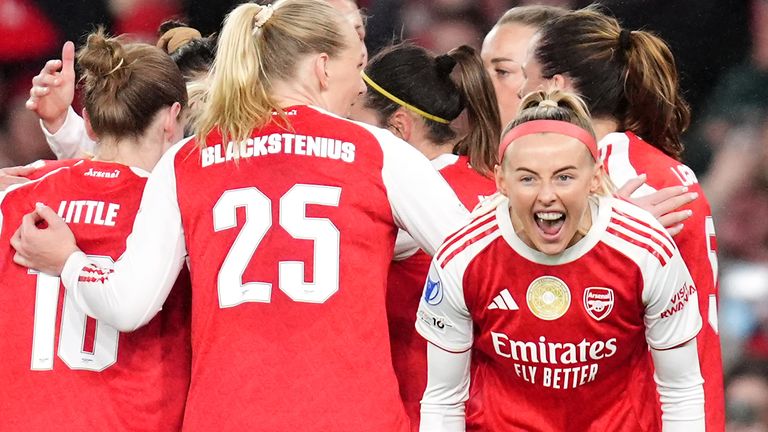 Arsenal and Chloe Kelly celebrate a goal against Chelsea in their Women's Champions League quarter-final first leg